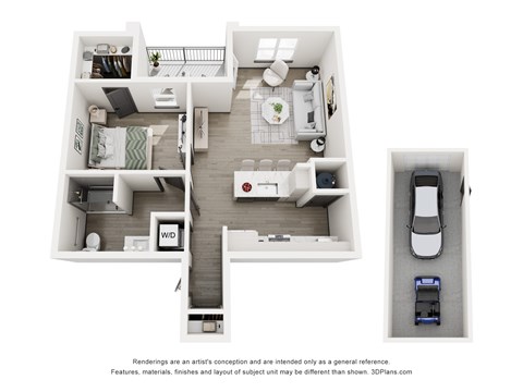 A 3D floor plan of a house with a kitchen, living room, and a car parked in the garage.